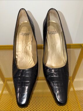 Charles Jourdan Black Croc-Embossed Square-Toe Pumps